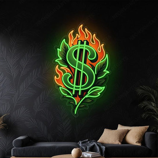 Blazing Dollar Neon Wall Art – Flaming Money LED Sign