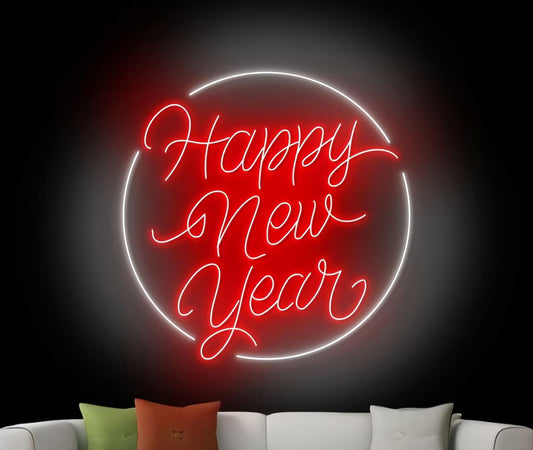 Circular "Happy New Year" Red Neon Sign