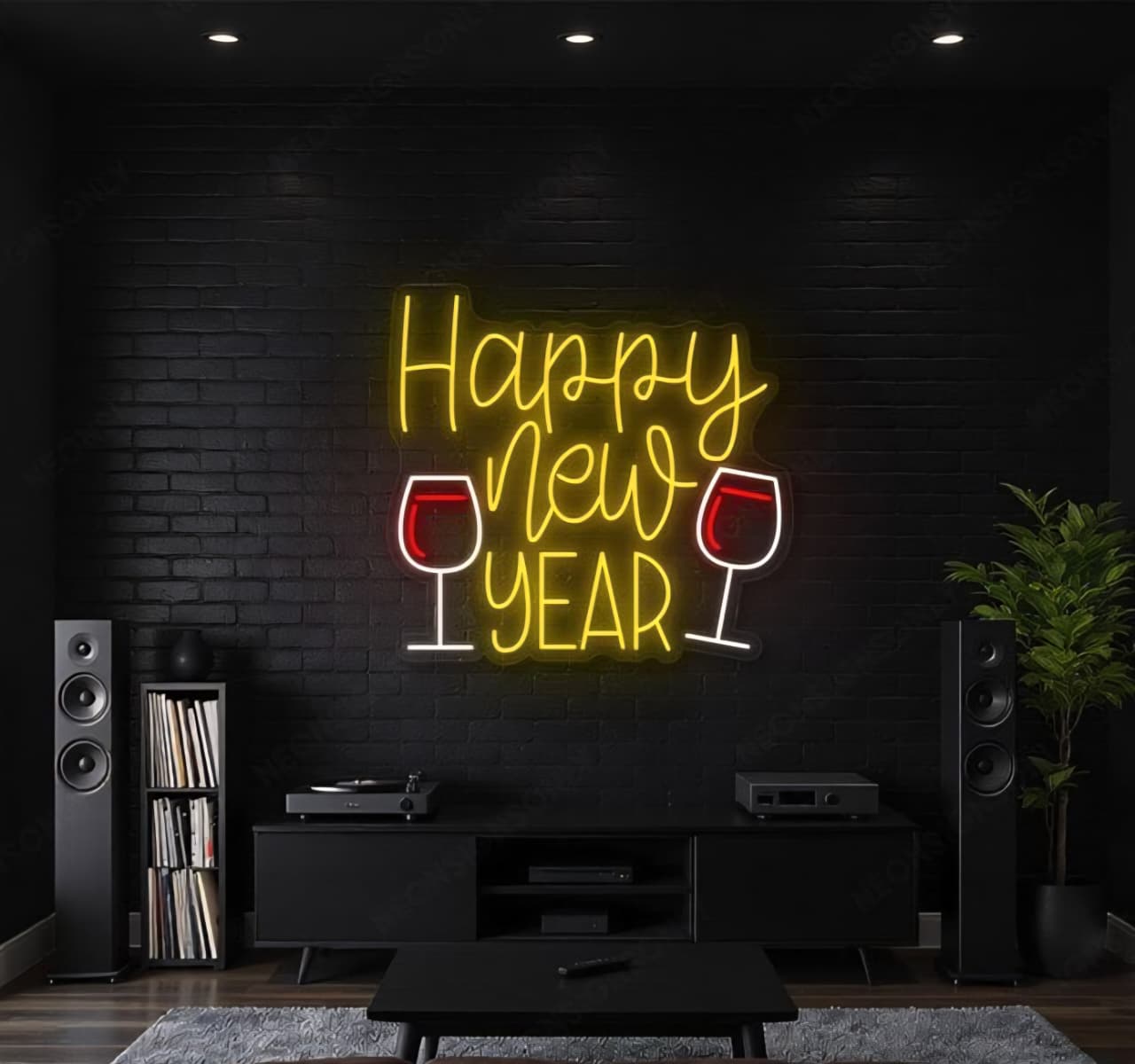 "Happy New Year" LED Neon Sign with Wine Glasses
