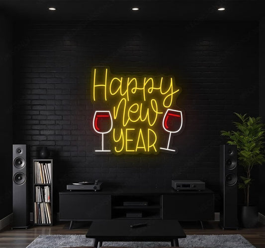 "Happy New Year" LED Neon Sign with Wine Glasses