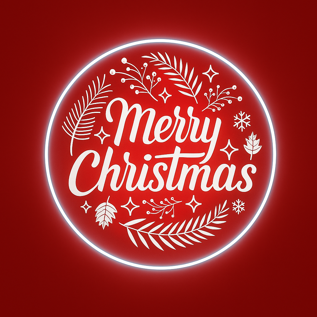 Merry Christmas Round Neon Sign – Warm White LED Holiday Wall Light