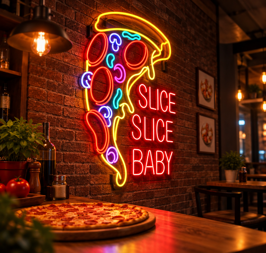 Pizza Slice Neon Sign – “Slice Slice Baby” LED Neon Wall Decor for Pizzeria & Restaurant Neonsignsindia
