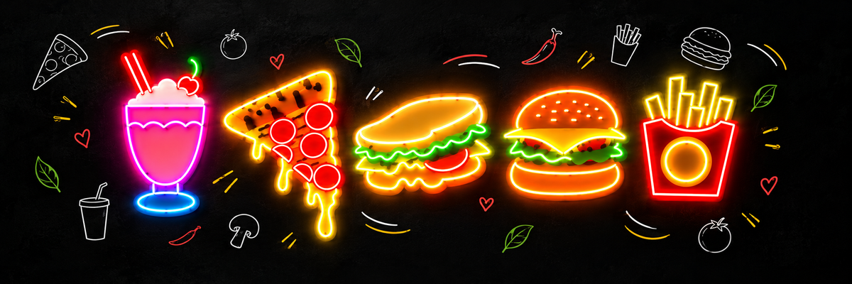 Restaurant Food Neon Sign Set – Burger, Pizza, Fries & Milkshake LED Wall Decor Neonsignsindia