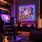 GTA VI collage neon wall art in a gaming room setup