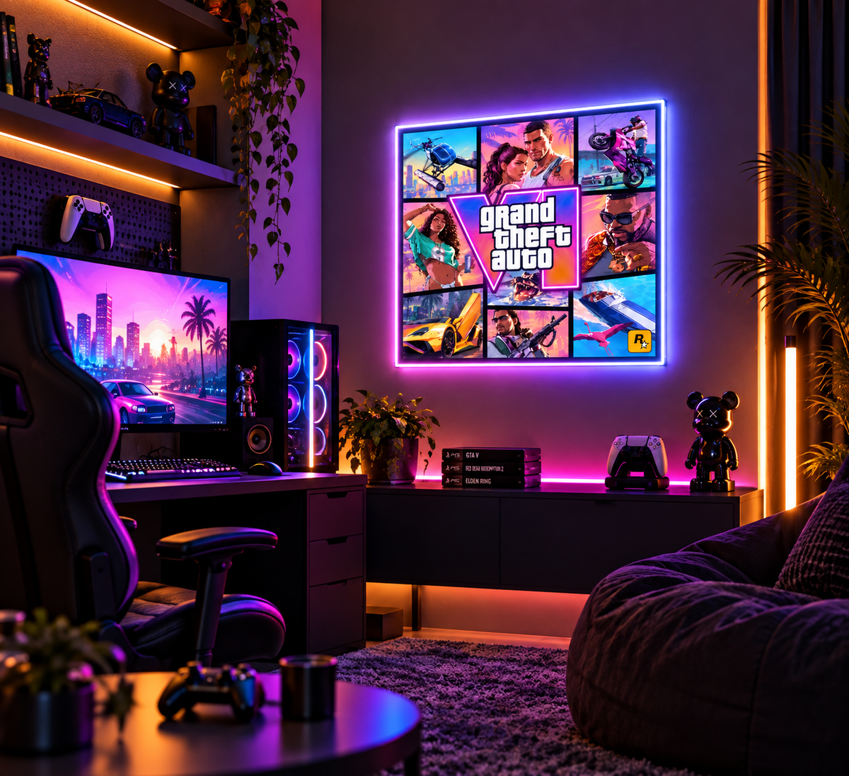 GTA VI collage neon wall art in a gaming room setup
