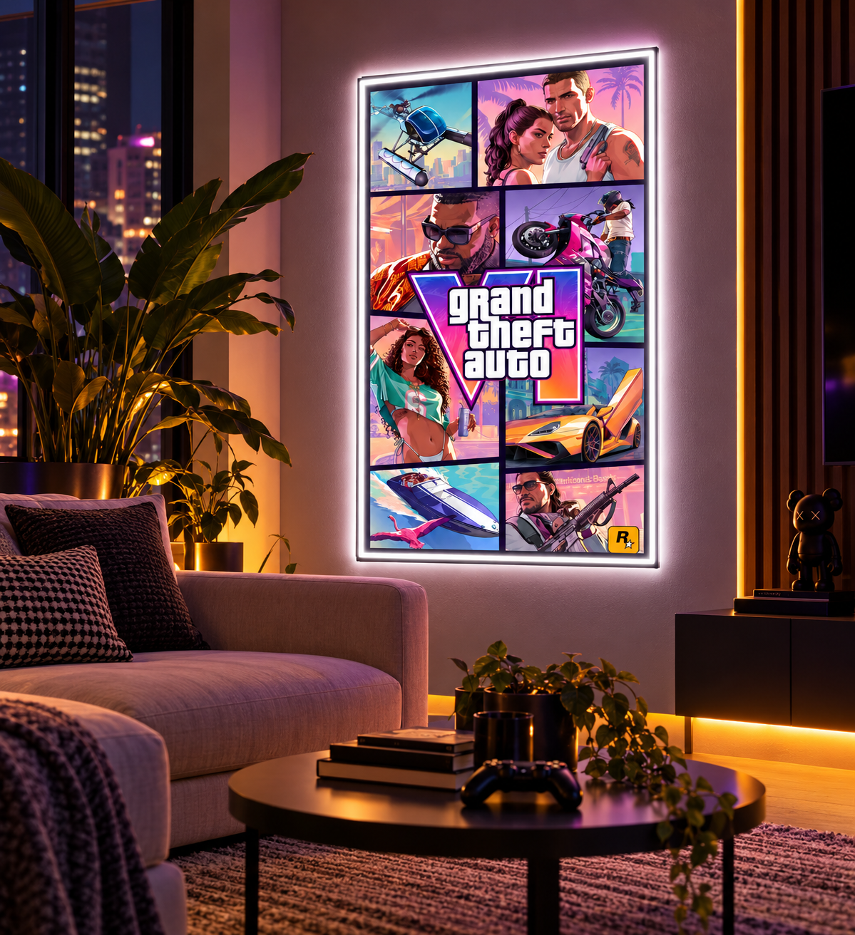 GTA VI comic poster neon wall art in a living room lounge