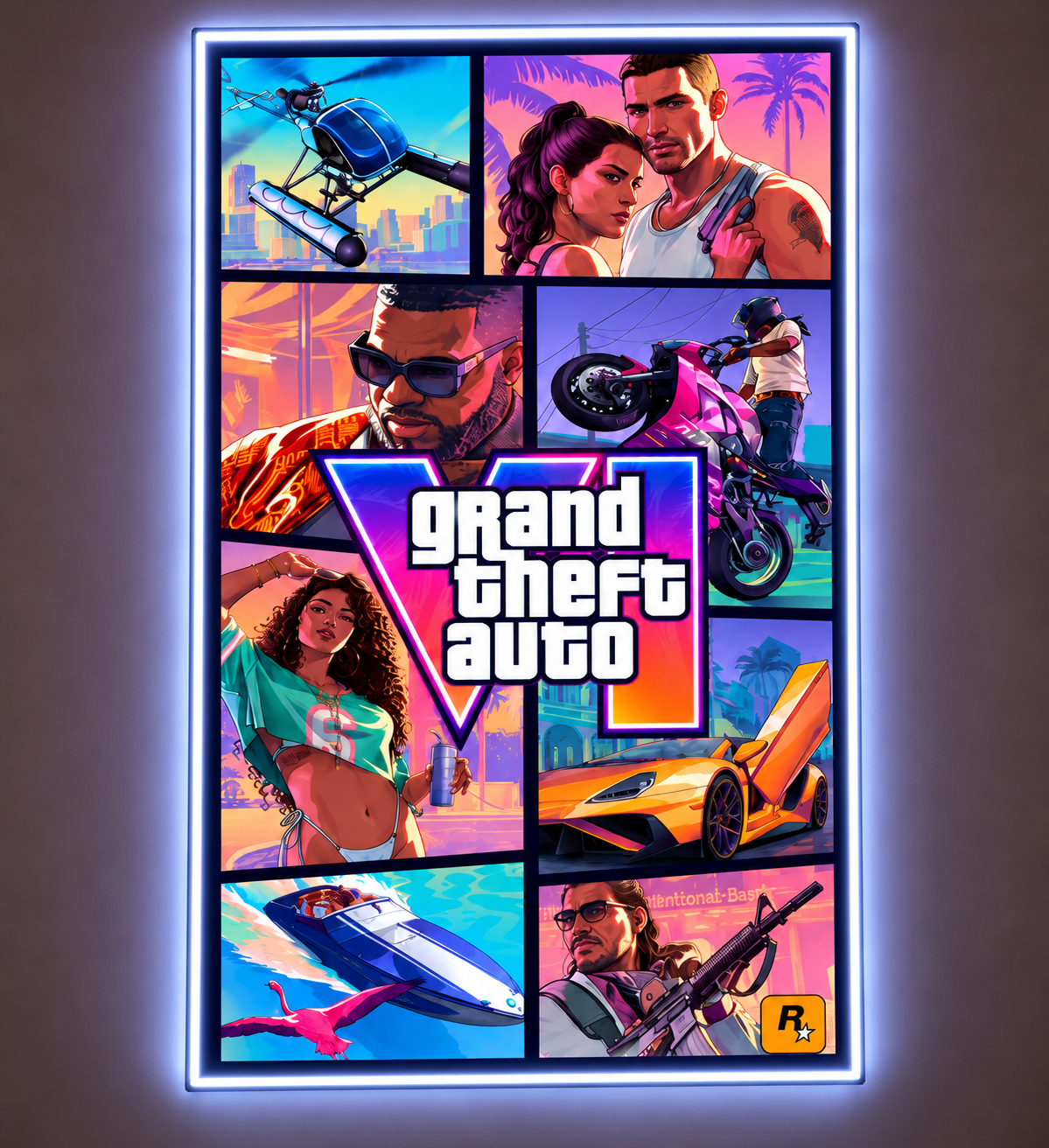 GTA VI comic poster vertical LED neon wall art with white neon border
