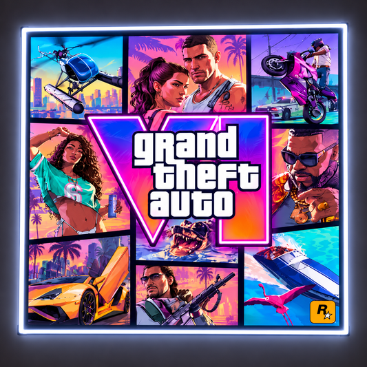 GTA VI Vice City collage LED neon wall art with white neon border