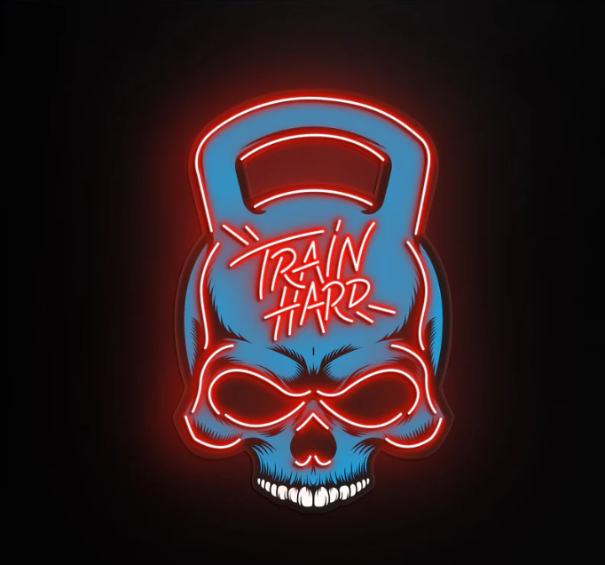 Train Hard Skull Kettlebell Neon LED Sign – Gym Motivation Wall Decor