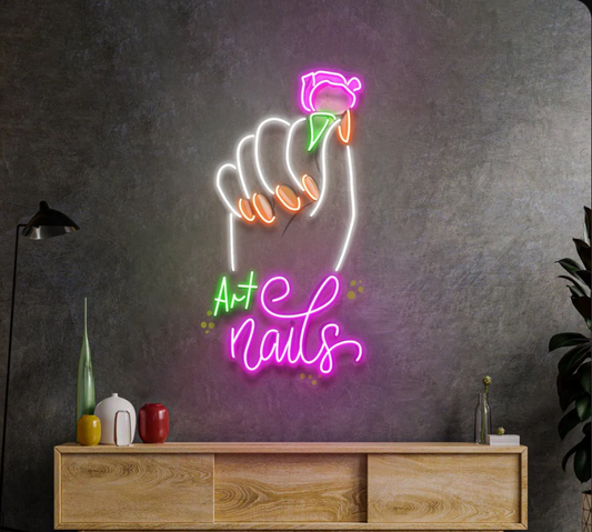 Art Nails Neon LED Sign – Nail Salon Wall Decor with Rose Design