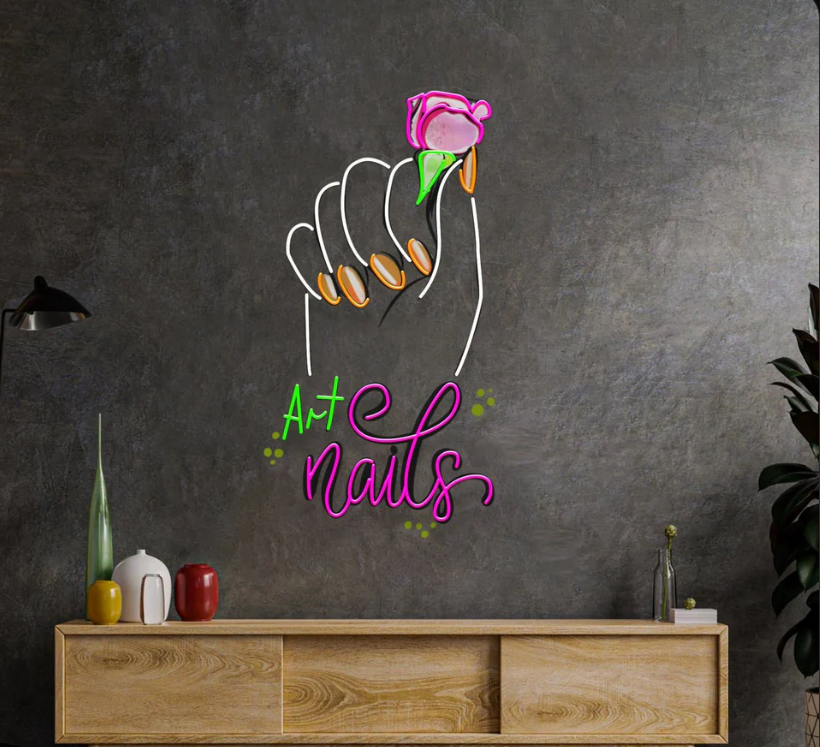 Art Nails Neon LED Sign – Nail Salon Wall Decor with Rose Design | Neon Signs India — Image 2