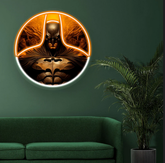 Batman Dark Knight Neon Wall Art – Golden Superhero LED Circle Light