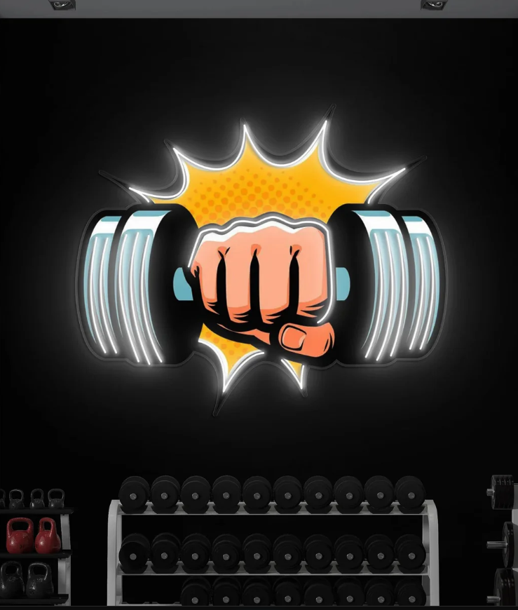 Power Punch Dumbbell UV Print Neon Wall Art – Gym Strength LED Neon Sign