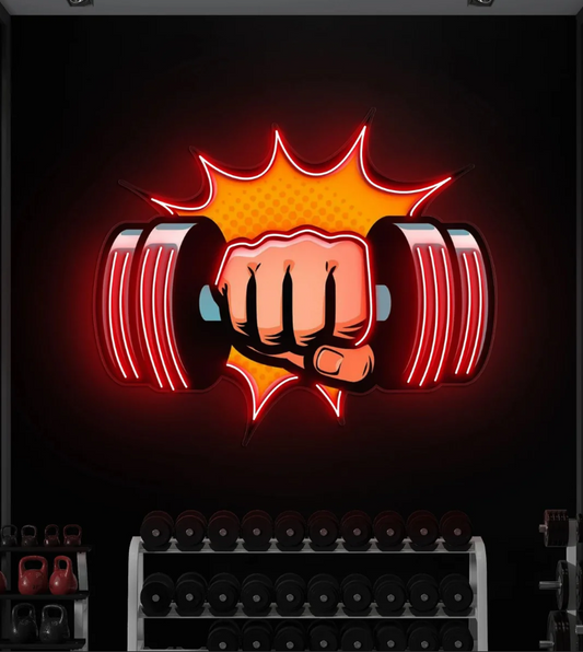 Power Punch Dumbbell UV Print Neon Wall Art – Gym Strength LED Neon Sign