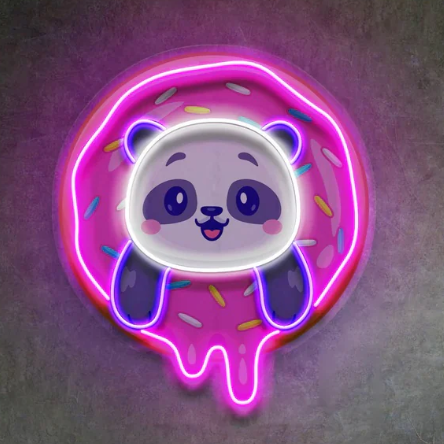 Neon sign of a panda bear inside a donut shape on a wall above a living room.