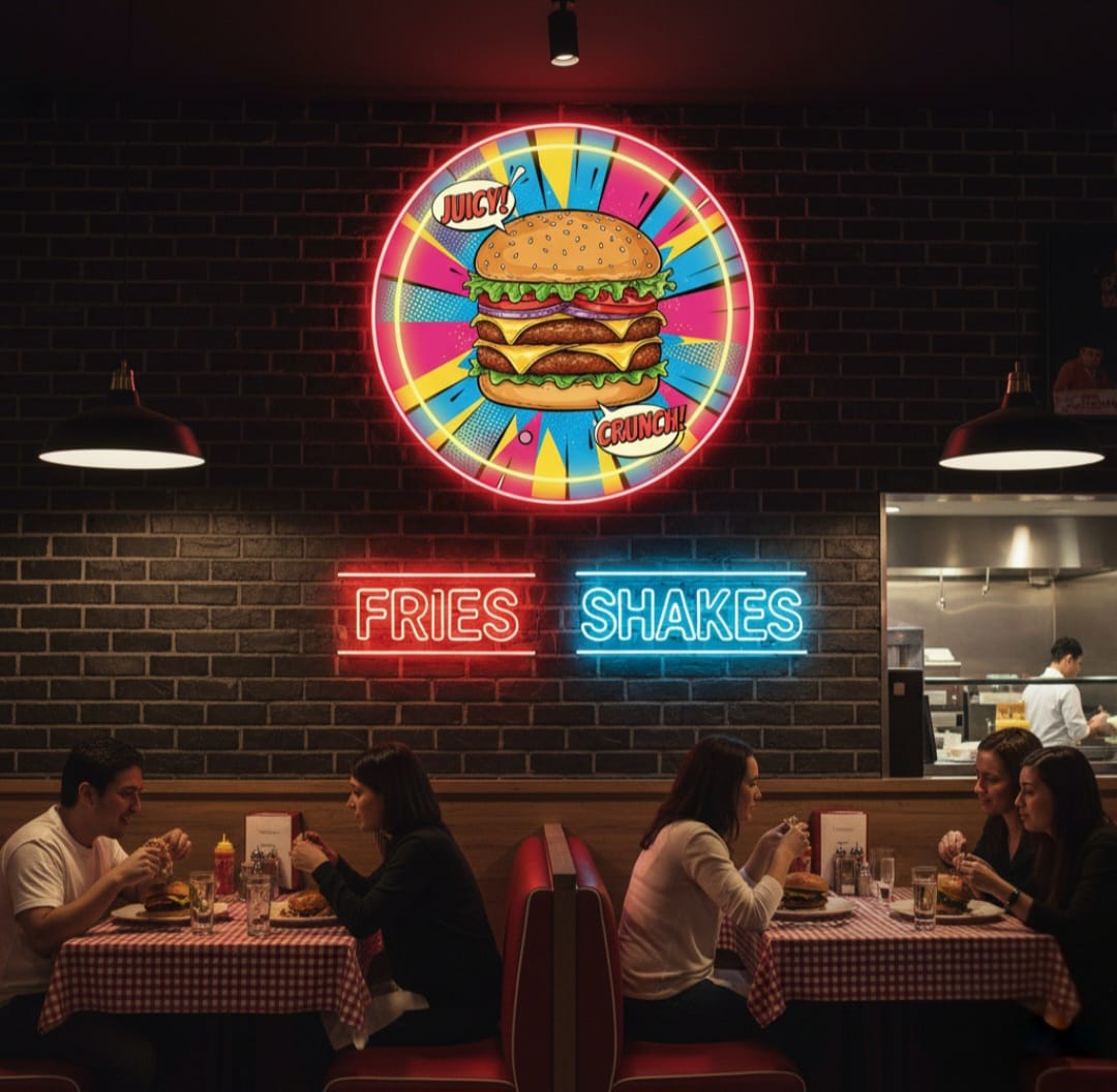 Burger UV Print Neon Sign (18x18 inches)🍔✨