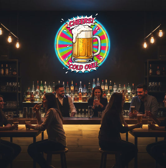 Cheers Cold One Beer Pop Art Neon Sign – Retro Bar Wall Decor( 18x18 inches)