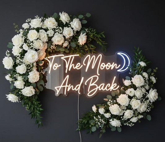 “To The Moon and Back” LED Neon Sign – Romantic Wall Decor for Couples & Weddings
