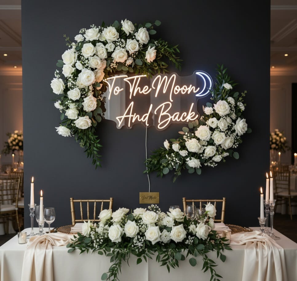 “To The Moon and Back” LED Neon Sign – Romantic Wall Decor for Couples & Weddings