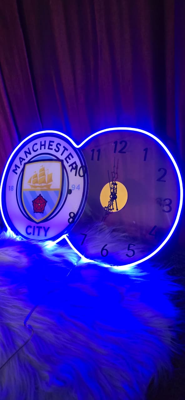 Manchester City Neon LED Wall Clock – Sky Blue Fan Glow Decor (14*24 inch) | Neon Signs India — Image 1