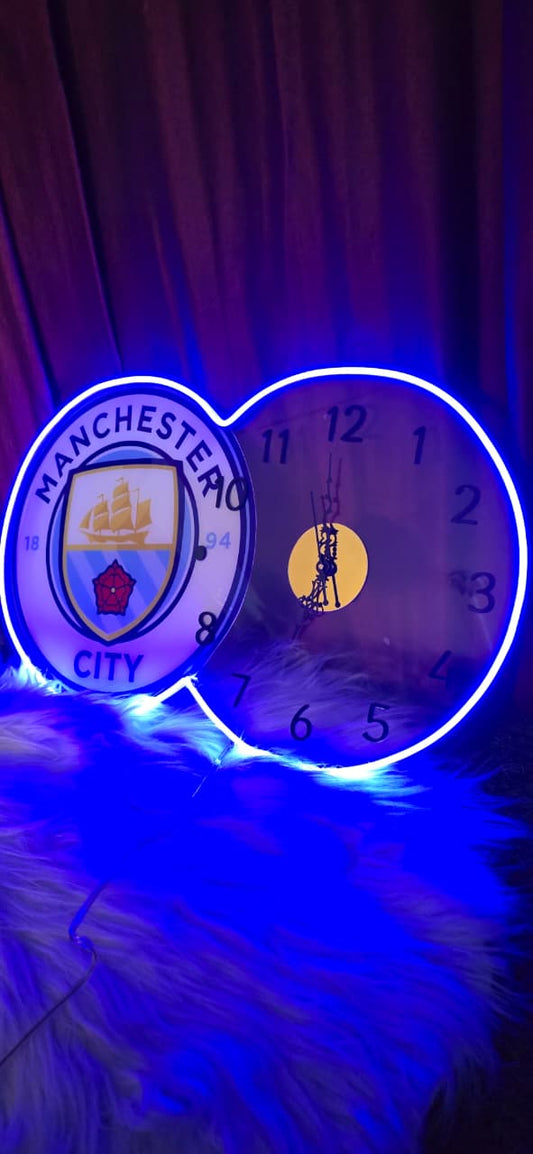 Manchester City Neon LED Wall Clock – Sky Blue Fan Glow Decor (14*24 inch)