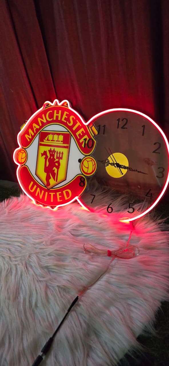 Manchester United Neon LED Wall Clock – Red Devils Fan Decor (14*24 inch)
