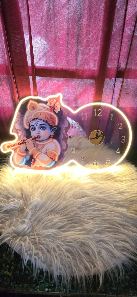 Krishna Neon Wall Clock – LED Spiritual Home Decor ( 14*24 inch )