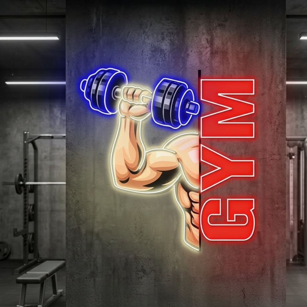 Gym LED Neon Wall Art – Dumbbell & Muscle UV Print Neon Sign for Fitness Center & Home Gym