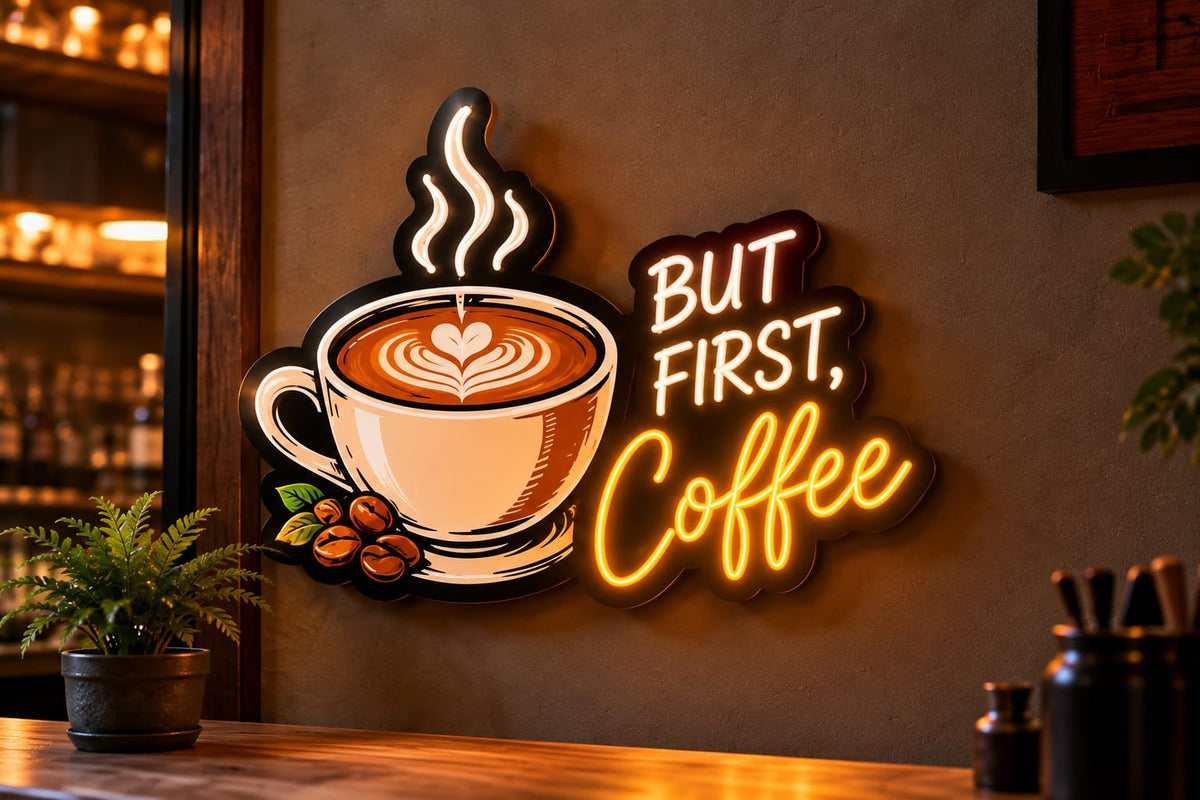 But First, Coffee Neon Sign – Warm White & Golden Yellow LED Wall Light for Cafés Neonsignsindia