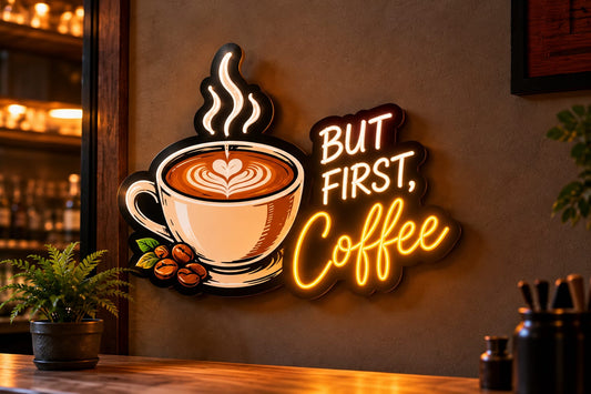 But First, Coffee Neon Sign – Warm White & Golden Yellow LED Wall Light for Cafés Neonsignsindia