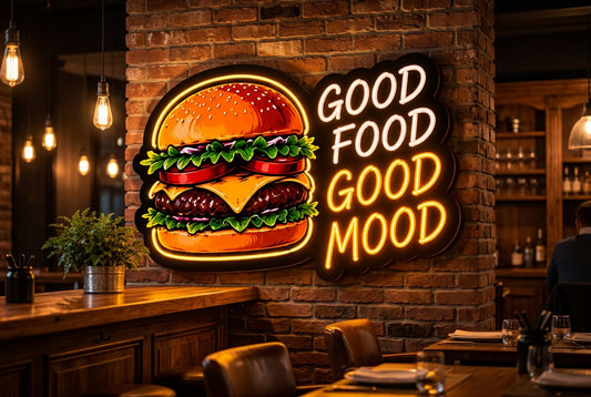 Good Food Good Mood Burger Neon Sign – LED Wall Light for Restaurants & Cafés Neonsignsindia