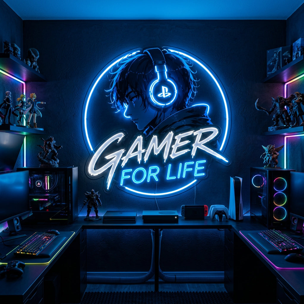 Gamer For Life LED Neon Sign – Blue Anime Gaming Headphone Wall Art Neonsignsindia