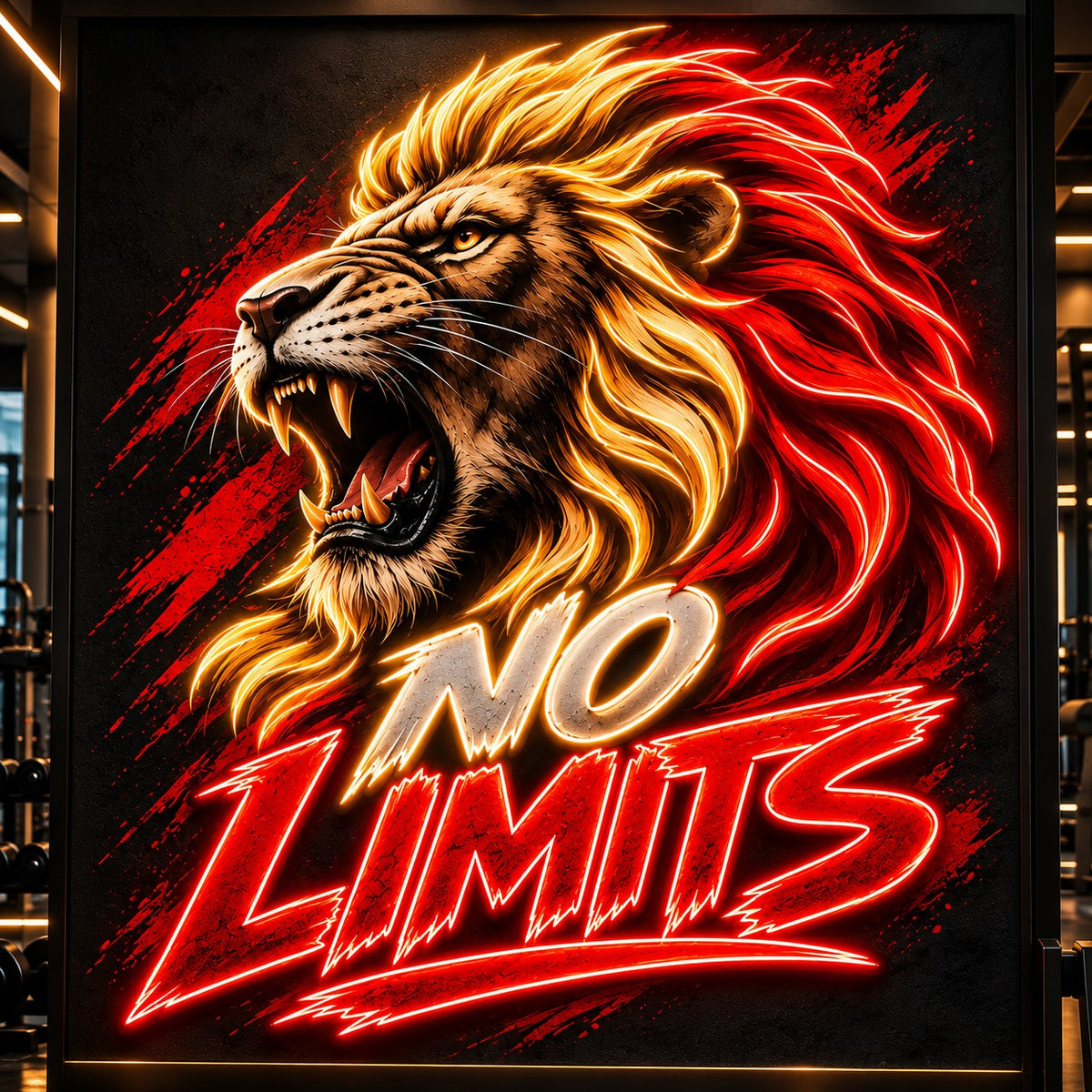No Limits Lion Neon Sign – Red & Golden LED Gym Wall Art Neonsignsindia