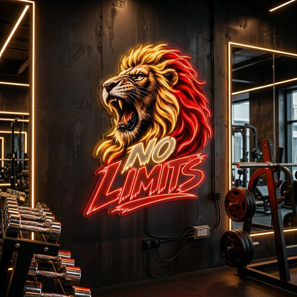 No Limits Lion Neon Sign – Red & Golden LED Gym Wall Art Neonsignsindia