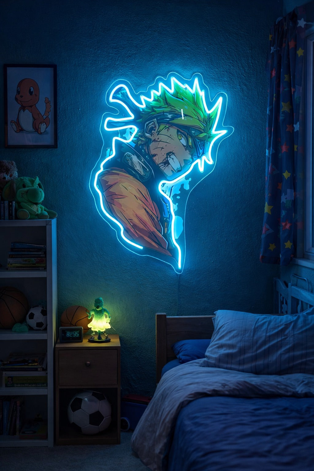 Anime Ninja Hero Neon Wall Art – Electric Blue Glow Game room