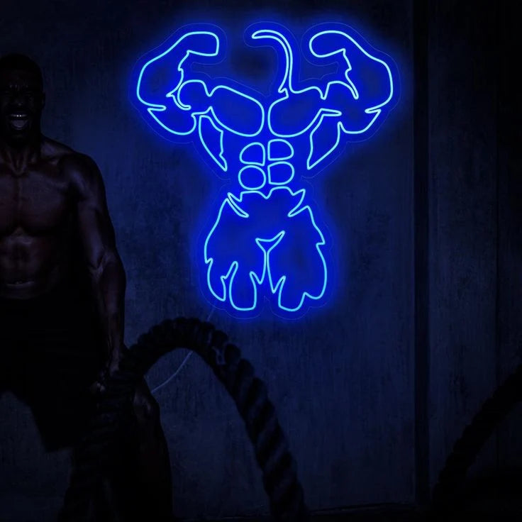 Bodybuilder LED Neon Sign | Blue Gym Wall Light for Fitness & Workout Spaces