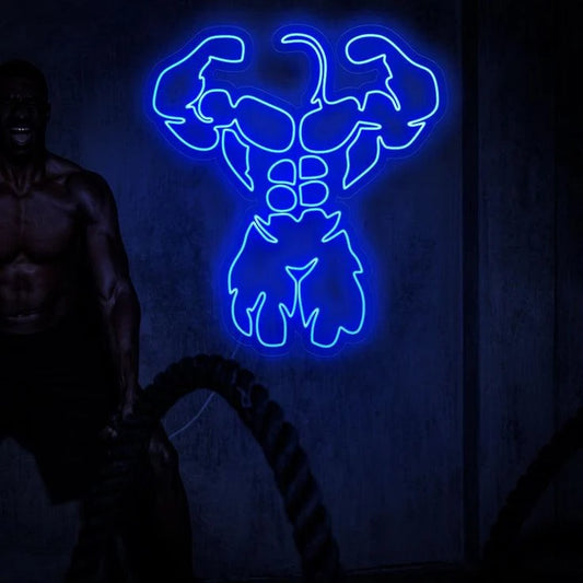 Bodybuilder LED Neon Sign | Blue Gym Wall Light for Fitness & Workout Spaces