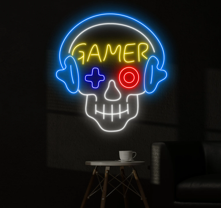 Gamer Skull Neon Sign – LED Gaming Room Wall Light Game Room 20x20 inches