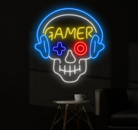 Gamer Skull Neon Sign – LED Gaming Room Wall Light Game Room 20x20 inches