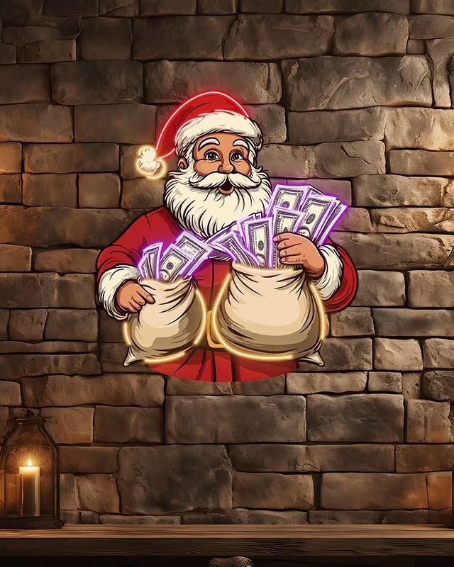 Money Bag Santa Neon Sign – Christmas Neon+poster Wall Art (22x24 inches)