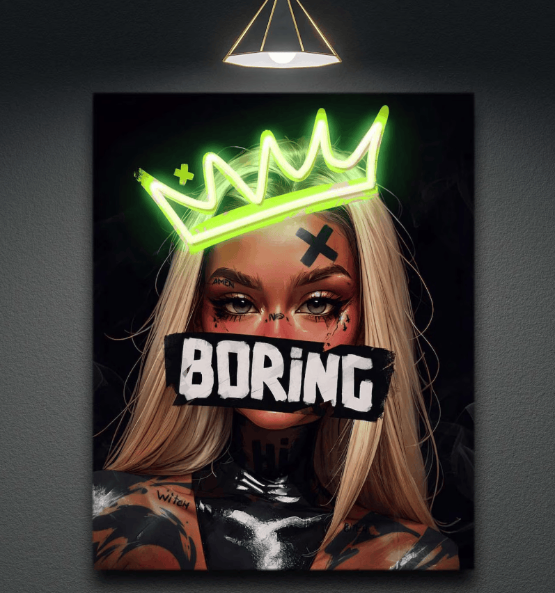 "Boring" Queen Pop Art Print with Green Neon Crown Neonsignsindia