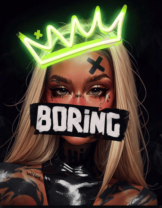 "Boring" Queen Pop Art Print with Green Neon Crown Neonsignsindia