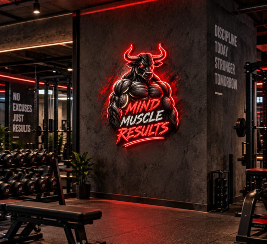 Bull Mind Muscle Results LED Neon Sign – Gym Motivation Wall Decor Neonsignsindia