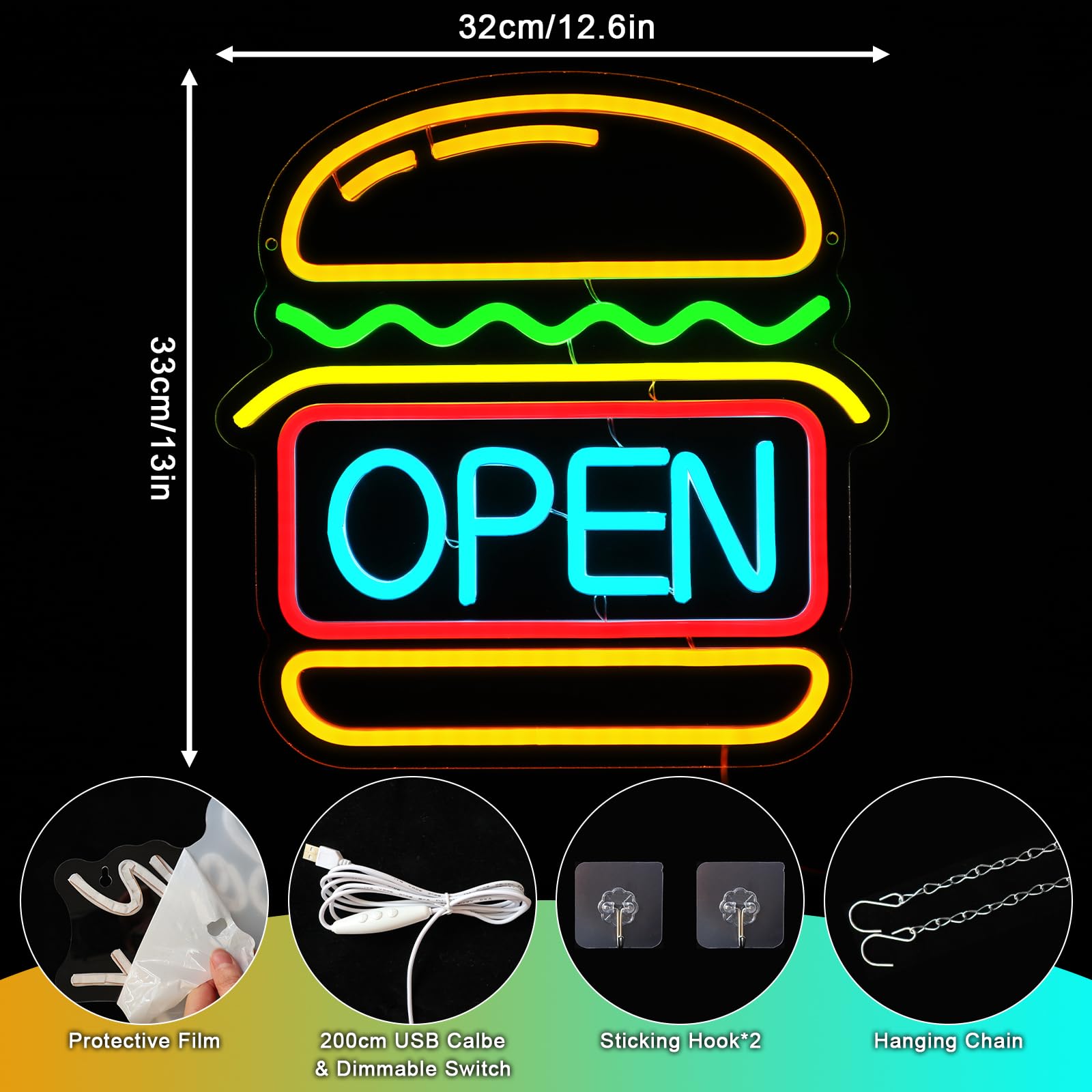 Burger Open Neon (12x13 inches) Neonsignsindia