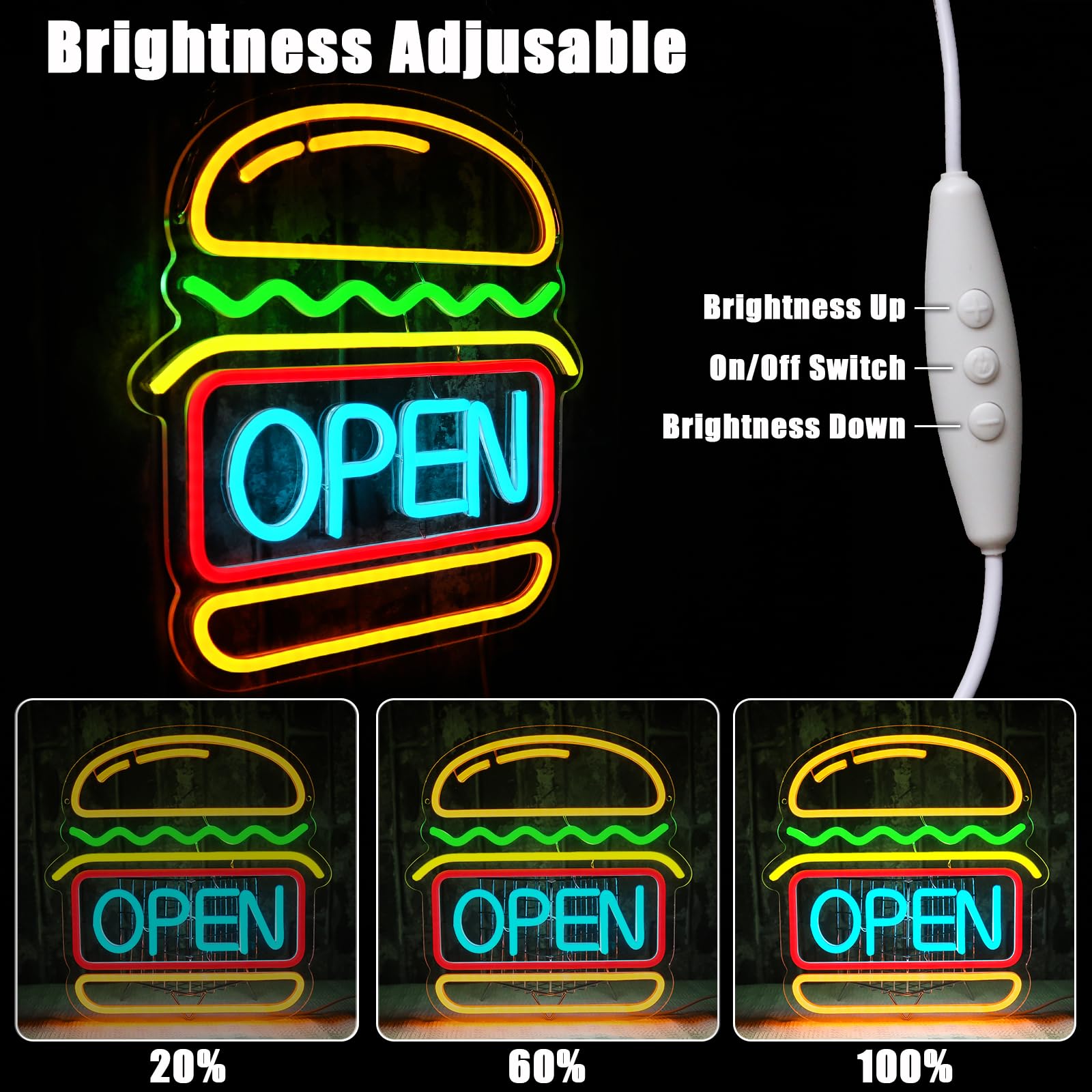 Burger Open Neon (12x13 inches) Neonsignsindia