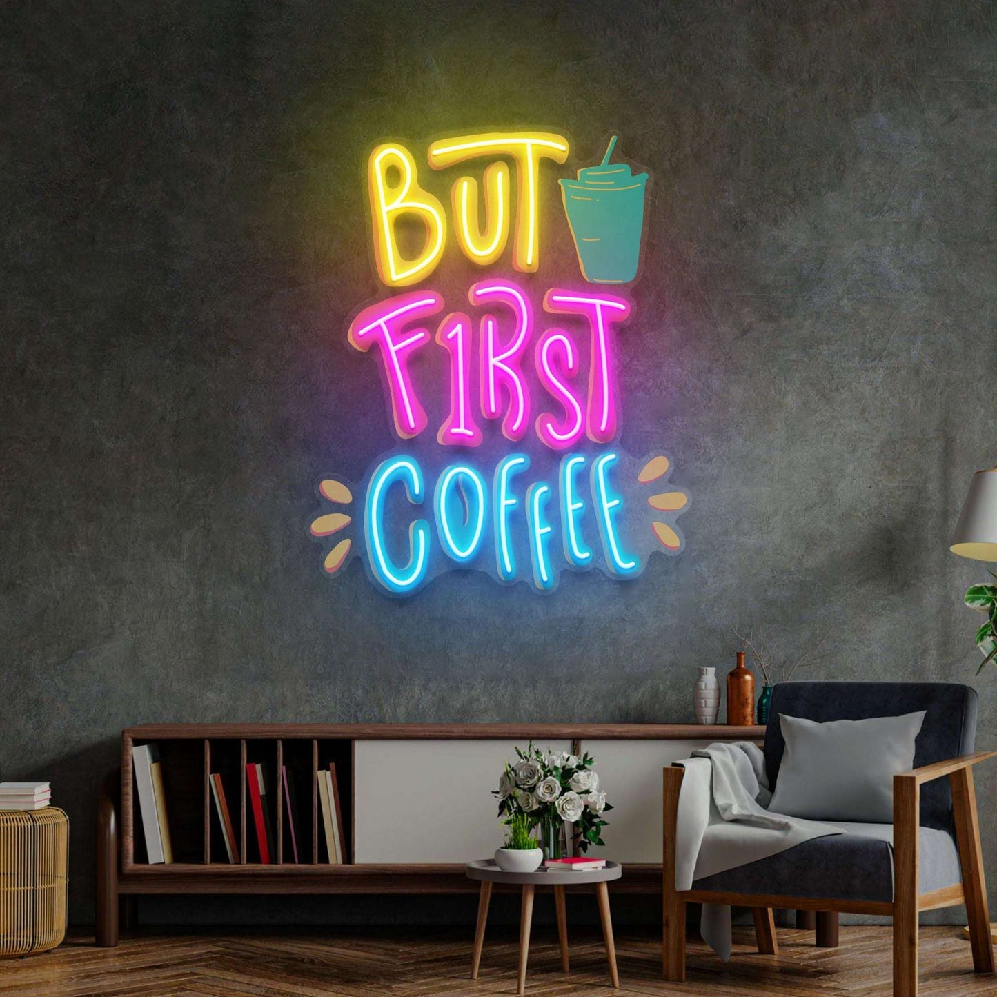 But First Coffee LED Neon Sign – Pop Art Acrylic Artwork for Cafes & Coffee Shops - LED Neon Sign