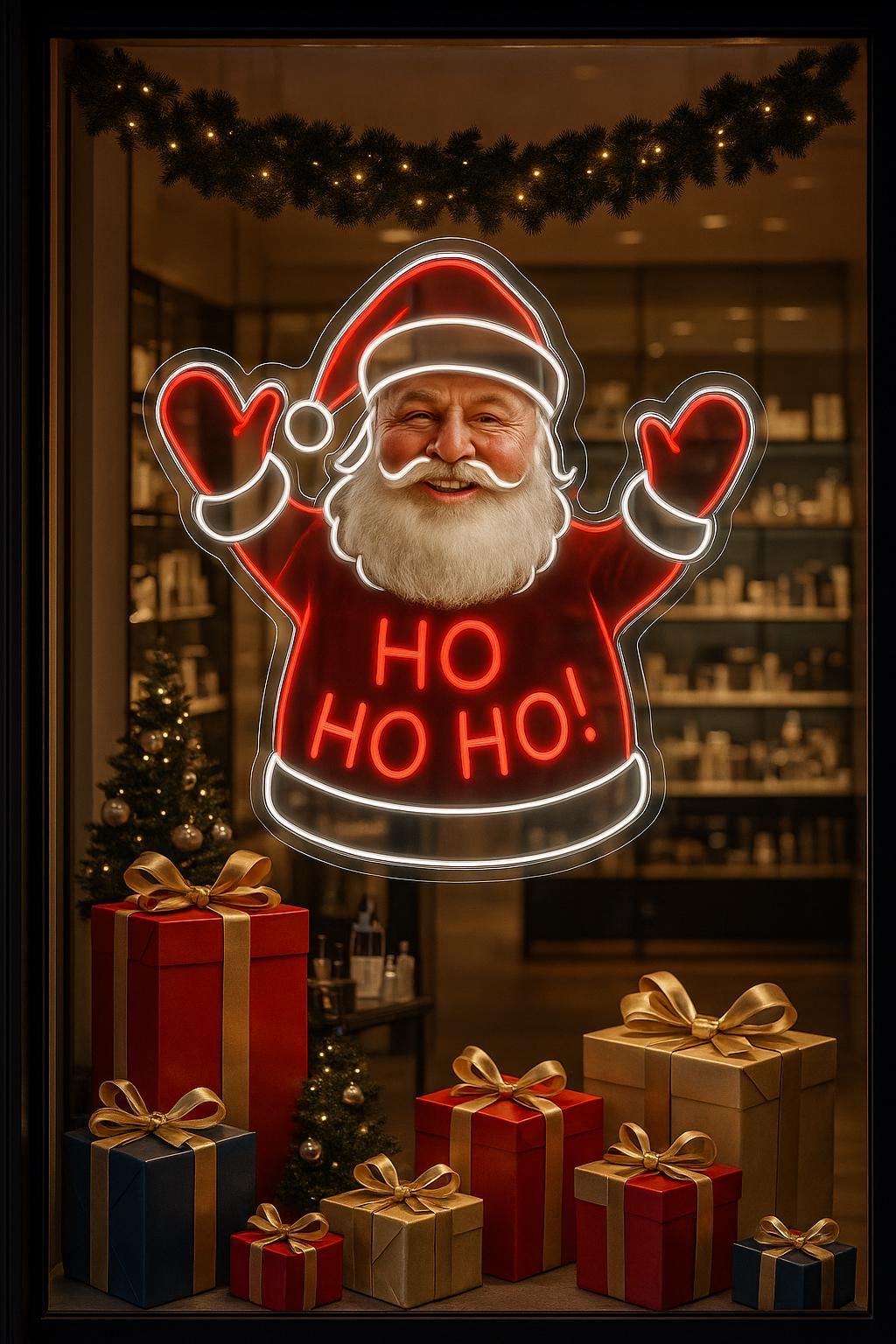 Santa Claus “Ho Ho Ho” Neon+print Sign – Festive Neon Christmas Wall Decor (20*20 inches)