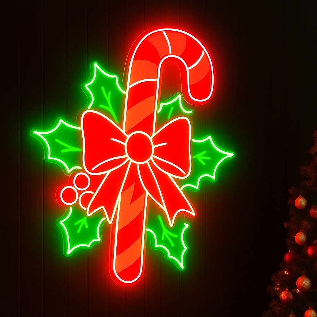 Candy Cane & Holly Neon Sign – Festive Neon+poster Christmas Wall Light (20x20 inches) Neonsignsindia