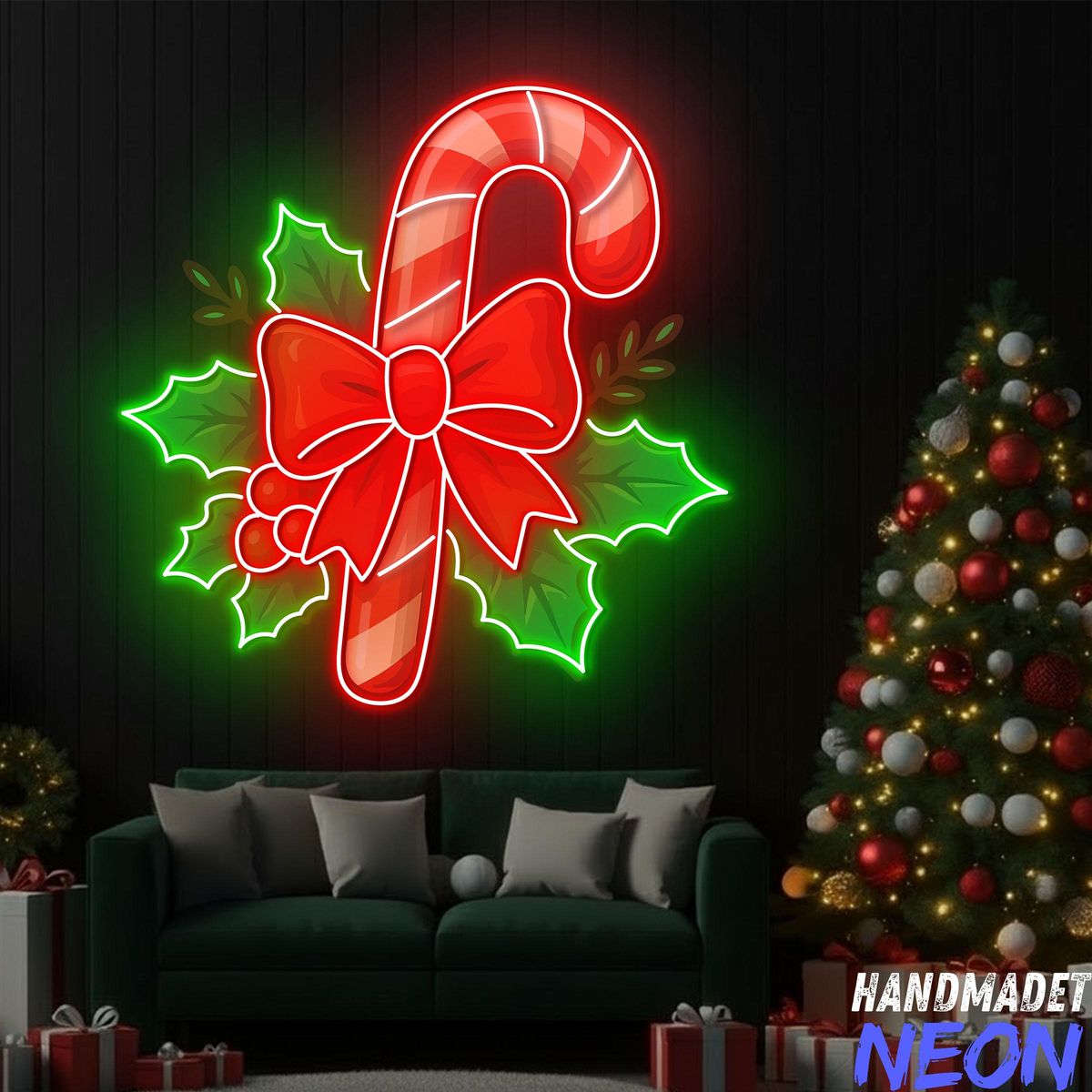 Candy Cane & Holly Neon Sign – Festive Neon+poster Christmas Wall Light (20x20 inches) Neonsignsindia