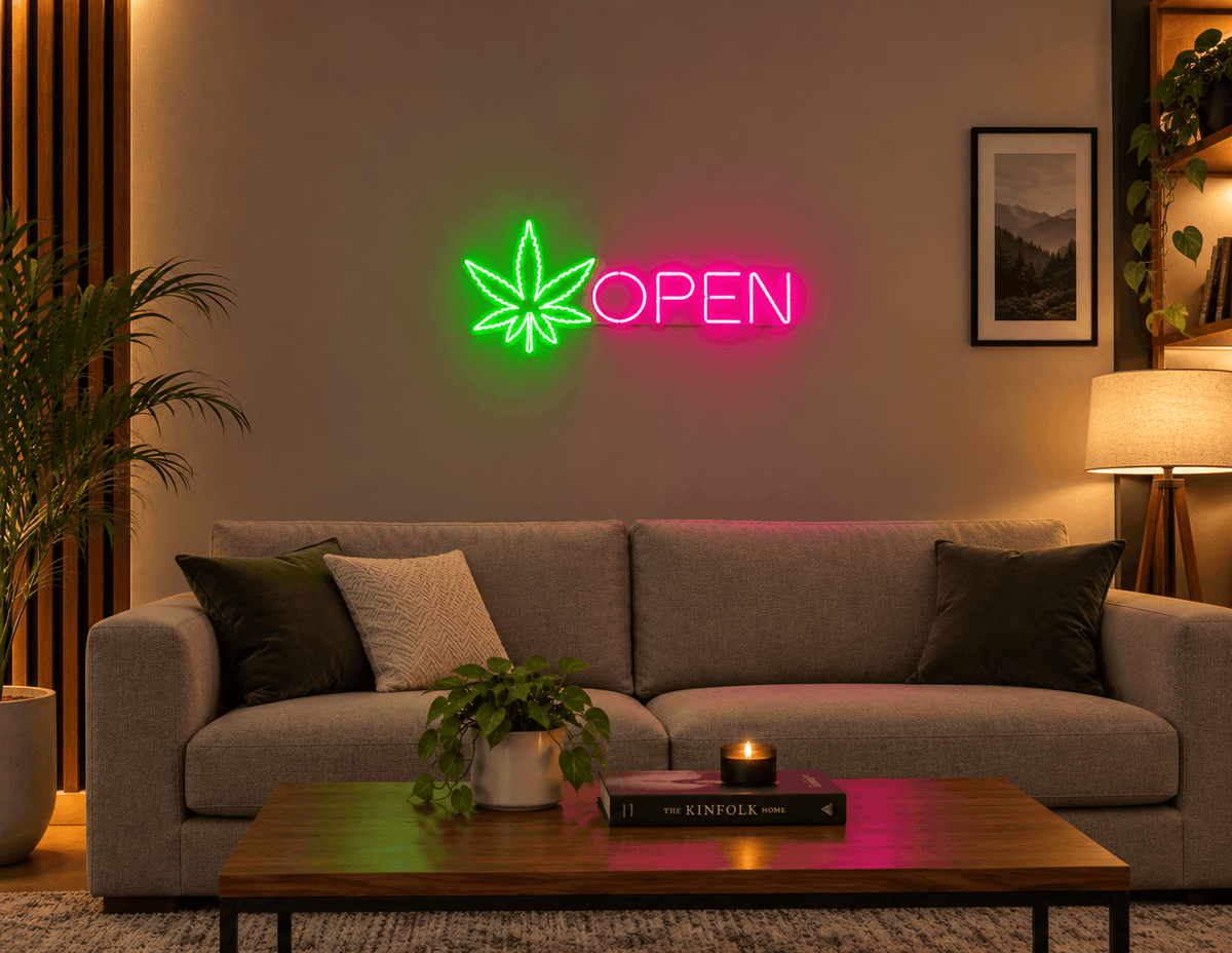 Cannabis Leaf OPEN Neon LED Sign – Vibrant Green & Pink Wall Light Neonsignsindia
